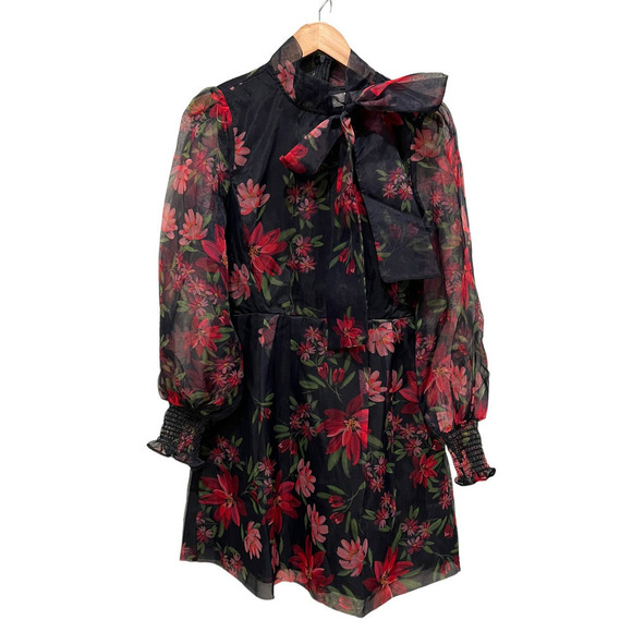 RACHEL PARCELL Floral Tie Neck Long Sleeve Satin Dress (10) - Picture 2 of 9
